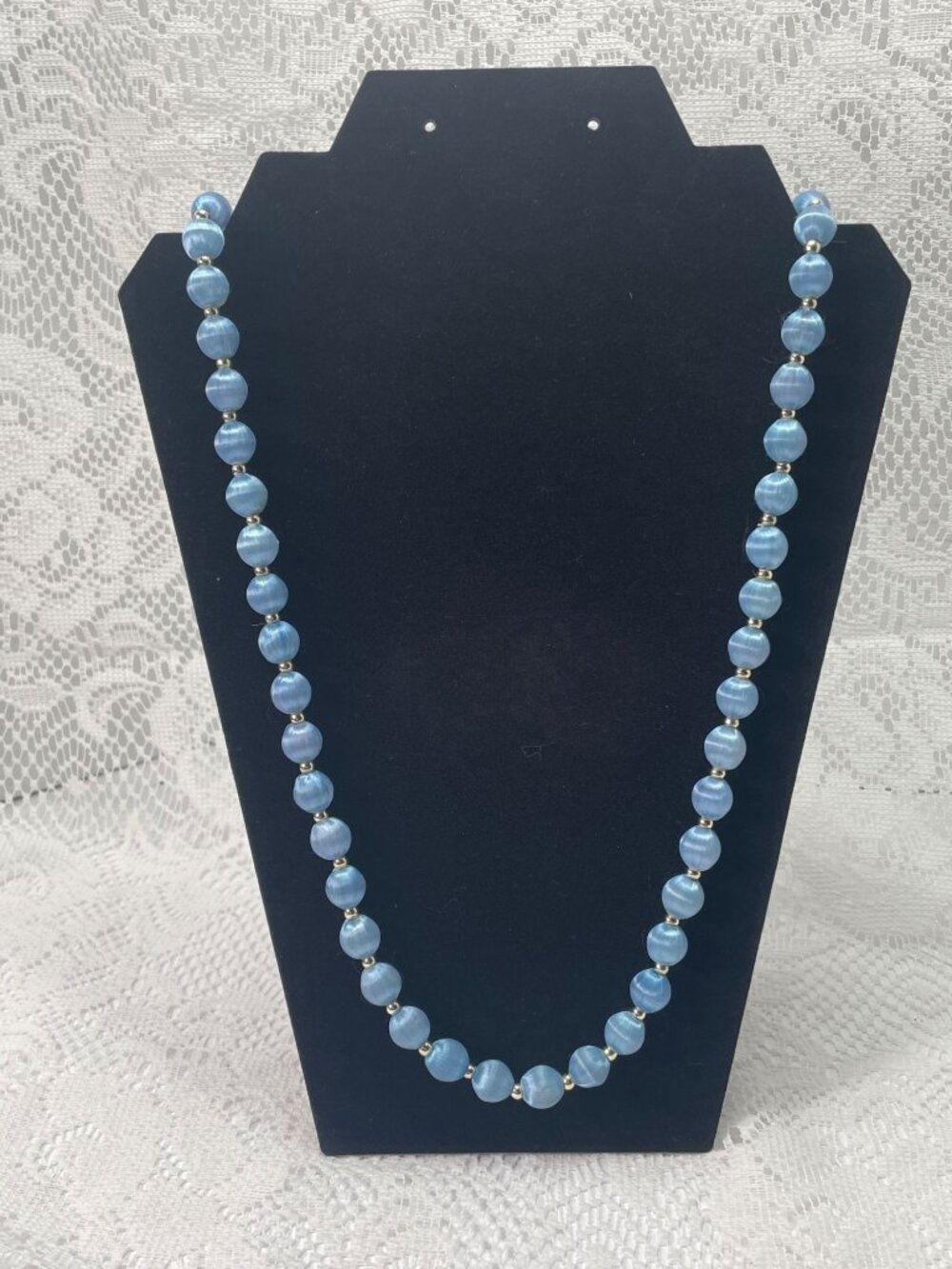 VTG 60s Light Blue Silk Thread Wrapped Bead Necklace Gold Tone Spacers Satin Shi